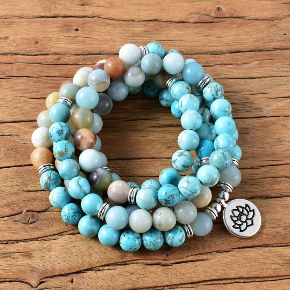 Amazonite 108 Mala Beads Prayer Healing Unisex Necklace Multi Strands Bracelet